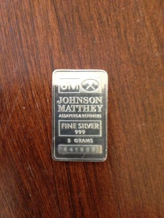 Ultra Rare Johnson Matthey 5 Gram.  999 Fine Silver Bullion Bar photo