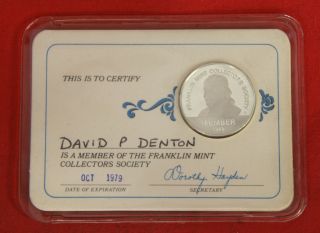Franklin Collectors Society 1978 Member Pass With.  925 Silver Round photo
