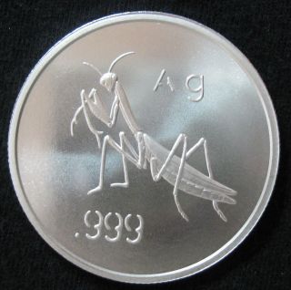 1 Ounce Solid.  999 Silver Round With Praying Mantis Silver Bug photo