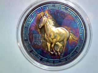 1 Oz Silver Round - Rainbow Toned 2014 Lunar Year Of Horse Design 0.  999 Fine photo