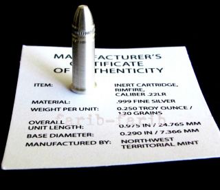 . 22lr 1/4 Oz.  999 Silver Bullet Bullion - With Certificate Of Authenticity + photo