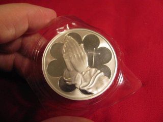 One Oz.  999 Silver - Praying Hands+cross - Reverse:room For Engraving photo