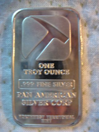 Silver Bullion Bar 1 Troy Ounce,  Pan American, .  999 Fine Silver photo
