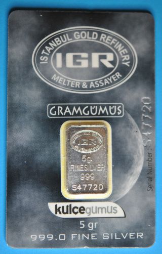 5 Grammes.  999/1000.  Igr.  Lingot D’argent Pur.  Certificat.  Numerote. photo