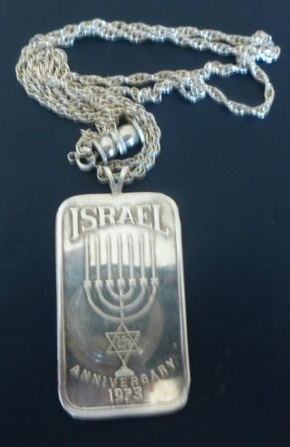 . 999 Fine Silver Israel 1973 Commemorative Bar Mother Lode With Chain - photo