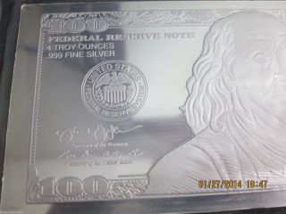 1x4 Oz. .  999% Silver Franklin Bar $100 Dollar Bill Replica 2014 photo