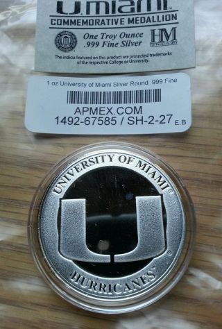 University Of Miami Hurricanes 1 Oz.  999 Silver Round / Coin Highland photo
