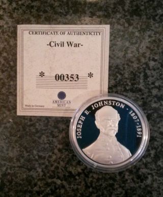 American Civil War Comm Coin.  999 Sterling Joseph E.  Johnston 1807 - 1891 photo