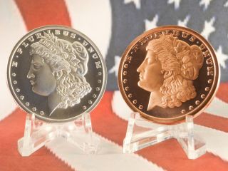 Coin Collector ' S Gift.  999 1oz Copper & Silver Bullion Morgan Dollar Replicas photo