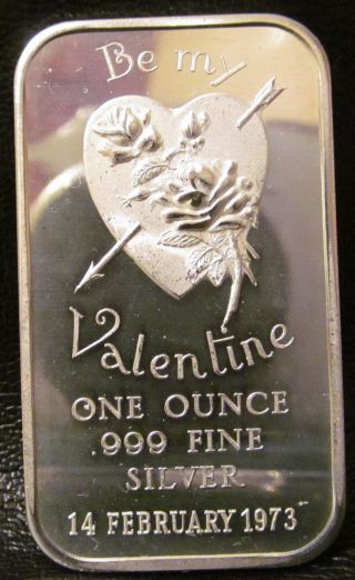 1973 Valentine 1 Troy Oz.  999 Fine Silver Bullion Bar Vintage Old Art Bar photo