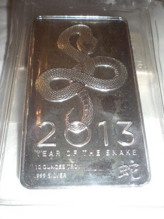 10 Troy Oz Ounce.  999 Fine Silver Year Of The Snake 2013 Bar & Usa photo