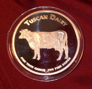 1993 Tuscan Dairy 1 Oz.  999 Silver Proof Round Cow photo