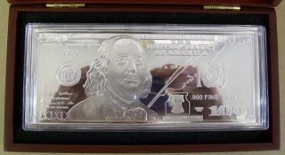 2013 Franklin $100 Note 1 Troy Ounce.  999 Silver Bar Proof With Display Box photo