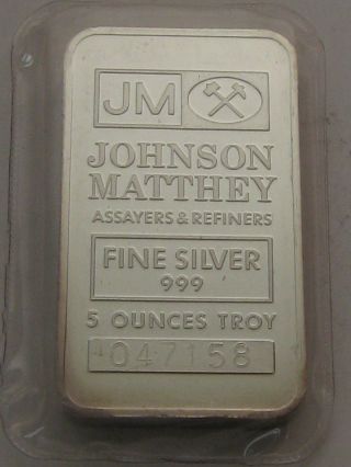 Johnson Matthey Silver Bar 5 Oz Ounce.  999 Fine Silver Very Rare photo