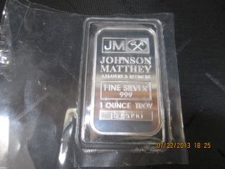 Johnson Matthey (jm) 1 Oz Silver Bar - One Troy Oz Pure Silver.  999 Bullion photo