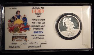 1987 50th Anniversary Snow White 1/2oz Silver Medallion Sneezy 14363 photo
