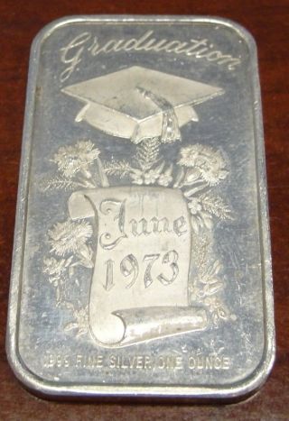 1973 Graduation 1 Oz.  999 Fine Silver Art Bar Vintage Bullion Gift 73gg photo