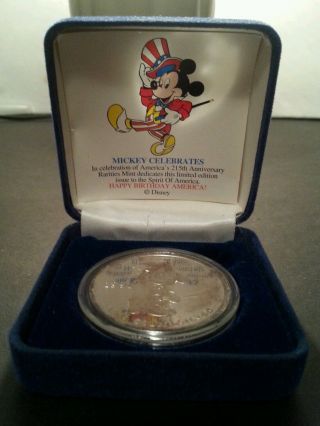 1991 Mickey Celebrates 1oz Proof Silver Round,  Box And photo