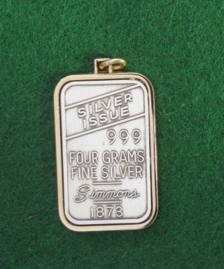 4 Gram Simmons 1873.  999 Fine Silver Bar With Bezel / Pendant photo