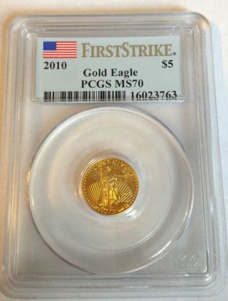 2010 $5 1/10 Oz.  Gold American Eagle Pcgs Ms70 First Strike Neon Tangerine Toned photo
