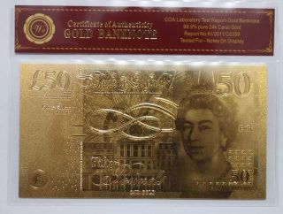 1 Pure Gold 99.  9% 24k £50 Pound Replica England Banknote With photo