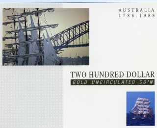 1788 - 1988 Australia Arrival Of The First Fleet $200 Gold Proof Coin photo
