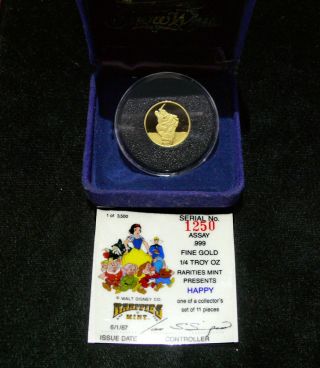 Walt Disney ' S Snow White 50th Anniversary Gold Happy Coin 1/4 Ounce Rare photo