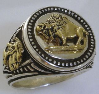 10 Karat Gold American Buffalo Mens Silver Coin Ring photo