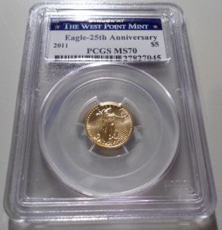 2011 1/10th Oz.  $5 American Gold Eagle 25th Anniversary - Pcgs Ms70 West Point. photo