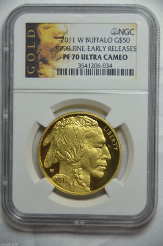 2011 W $50 Proof 1 Oz Gold Buffalo Ngc Pf70 Early Releases Rare Buffalo Label photo