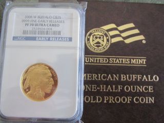 2008 W.  Early Release 1/2 Oz.  $25 Gold Buffalo Coin,  Ngc Pf 70 photo