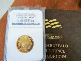 2008 W.  Early Release 1/4 Oz.  $10 Gold Buffalo Coin,  Ngc Pf 70 photo