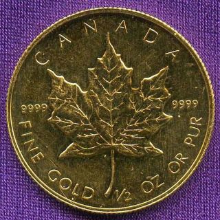1987 $20 Canadian Maple Leaf 1/2 Oz 999.  9 24k Pure Fine Gold - Gem Uncirculated photo
