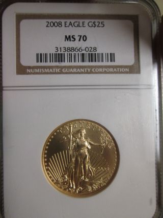 2008 Bu 1/2 Oz $25 Gold American Eagle Ngc Certified Ms 70 photo