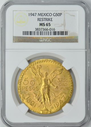 Mexico 1947 Gold 50 Pesos Restrike Ngc Ms - 65 (1.  2056 Oz.  Gold) photo