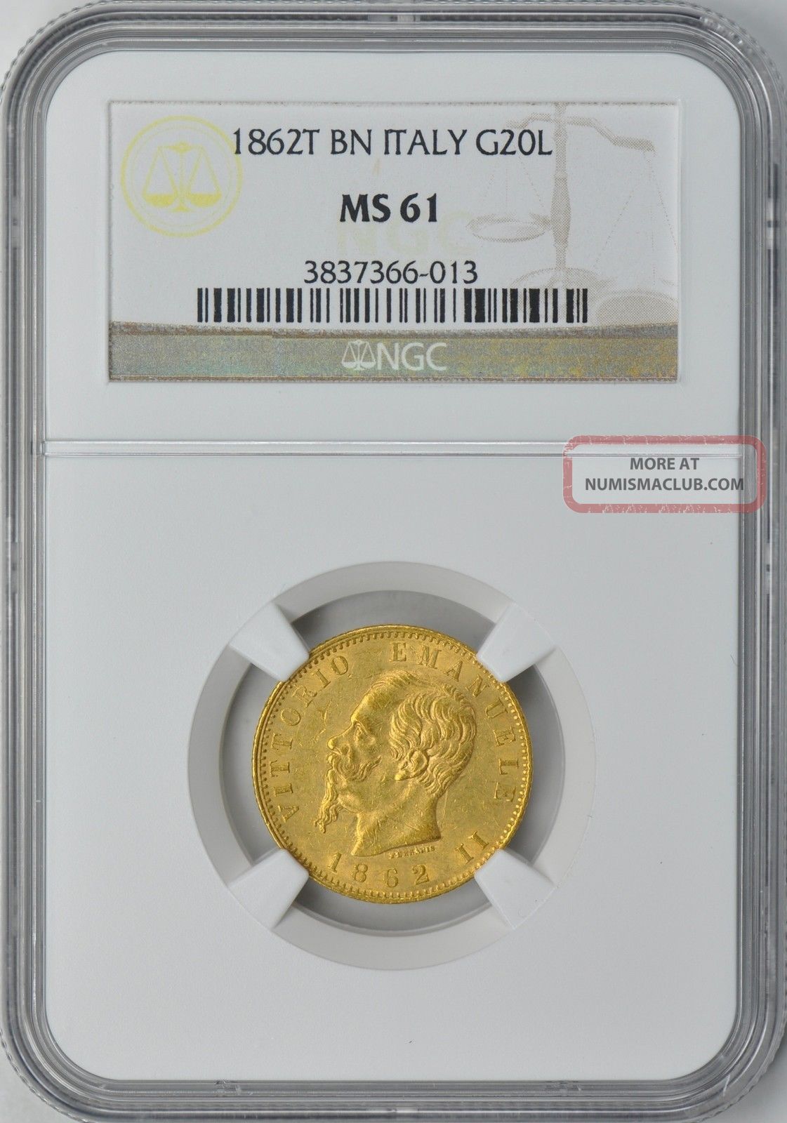 Italy 1862 - T Bn Gold 20 Lire Ngc Ms - 61 (0. 1867 Oz. Gold)