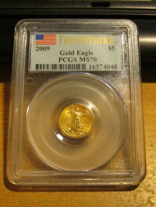 2009 $5 American Eagle Gold Coin 1/10th Oz,  Pcgs Ms - 70,  First Strike. photo