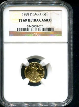 1988 - P 1/10 Oz $5 Proof American Gold Eagle Ngc Pf - 69 Ultra Cameo Tough Year photo