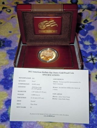 2013 W Collectible $50 1 Oz Proof Buffalo Gold Coin Includes Box/coa Low Mintage photo