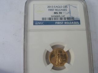 2013 $5 American Gold Eagle 1/10oz.  Ngc Ms70 First Releases photo