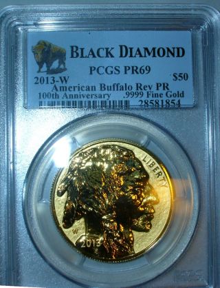 2013 - W $50 Gold American Buffalo Reverse Proof Black Diamond Pcgs Pr69.  999 Gold photo