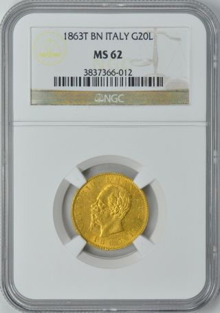 Italy 1863 - T Gold 20 Lire Ngc Ms - 62 (0.  1867 Oz.  Gold) photo