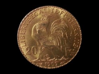 1909 French 20 Franc Rooster Gold Coin Agw.  1867 photo