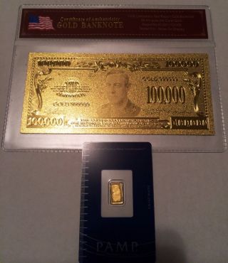 1gram Gold Bar 24k.  999 Pure.  Fortuna Swiss Pamp+$100,  000 24k Gold Bill With photo