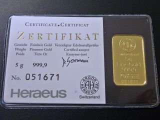 Gold Bar Heraeus Kinebar 5 Gram.  9999 Fine (in Assay) - Rare - photo