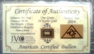 1 Grain 24k Solid Gold Bullion Acb Minted Bar 99.  99 Fine Cert Of Authencity photo