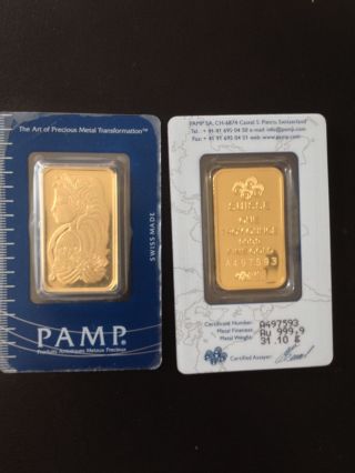 2 Pamp Suisse One Troy Ounce 999.  9 Fine Gold In Case Certified photo