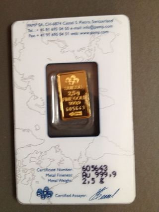2.  5 Gram Pamp Suisse Gold Bar.  9999 Fine (v2) photo