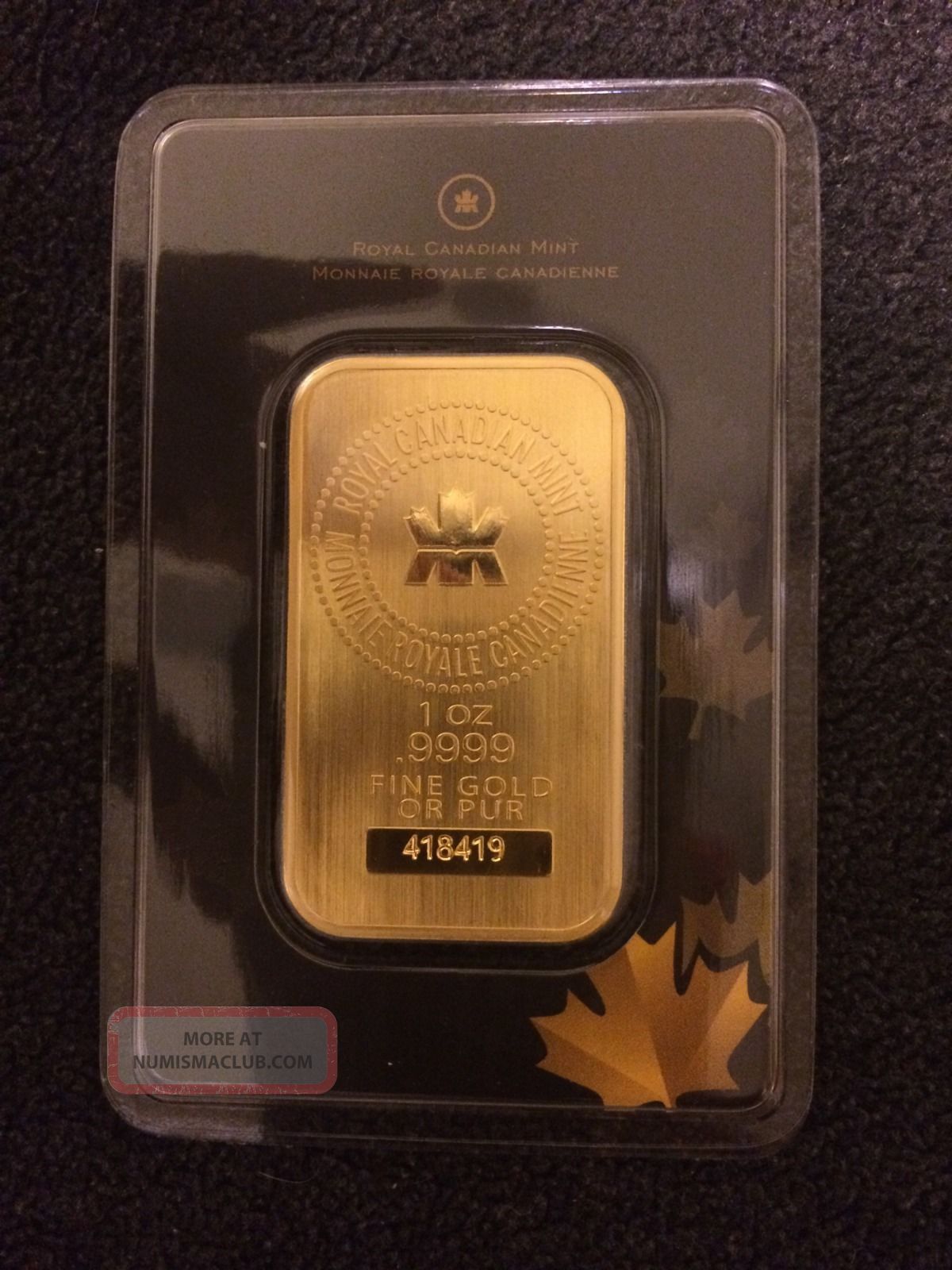 1 Oz Soild Gold Bar 9999. Pur Royal Canadian