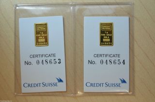 2x Credit Suisse 1 Gram.  9999 Gold Bar - With Assay Certificate Kg12 photo